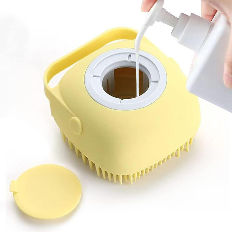 Pet Bath Scrubber Brush, Dog Grooming Massage Shampoo Bath Brush with Soap and Shampoo Dispenser Soft Silicone Bristle for Long Short Haired Dogs Cats Shower Silicon Emassage