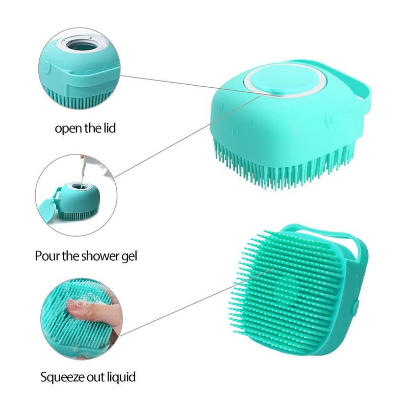 Pet Bath Scrubber Brush, Dog Grooming Massage Shampoo Bath Brush with Soap and Shampoo Dispenser Soft Silicone Bristle for Long Short Haired Dogs Cats Shower Silicon Emassage