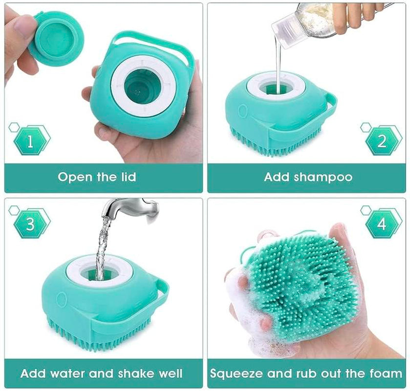 Pet Bath Scrubber Brush, Dog Grooming Massage Shampoo Bath Brush with Soap and Shampoo Dispenser Soft Silicone Bristle for Long Short Haired Dogs Cats Shower Silicon Emassage