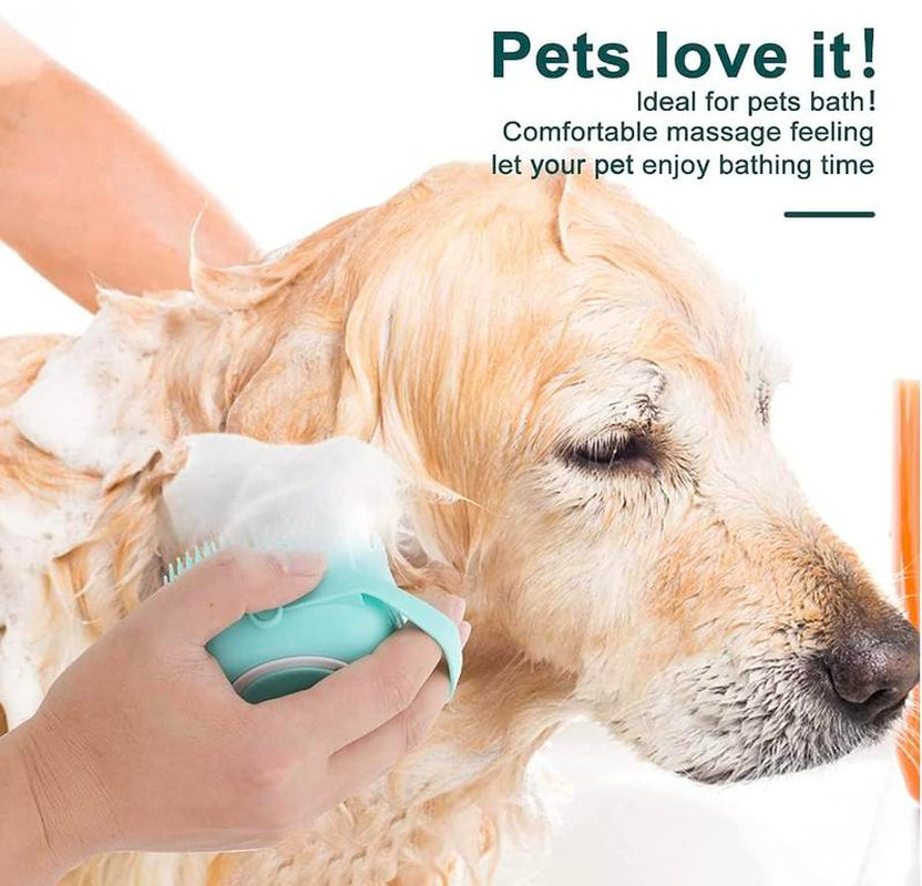 Pet Bath Scrubber Brush, Dog Grooming Massage Shampoo Bath Brush with Soap and Shampoo Dispenser Soft Silicone Bristle for Long Short Haired Dogs Cats Shower Silicon Emassage