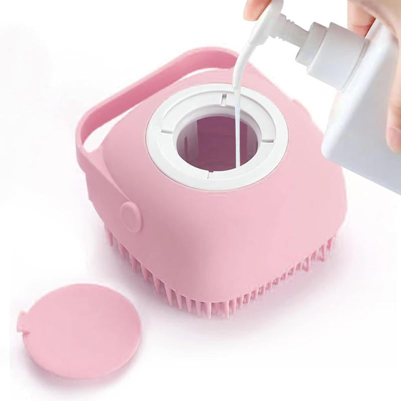 Pet Bath Scrubber Brush, Dog Grooming Massage Shampoo Bath Brush with Soap and Shampoo Dispenser Soft Silicone Bristle for Long Short Haired Dogs Cats Shower Silicon Emassage