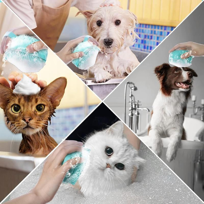 Pet Bath Scrubber Brush, Dog Grooming Massage Shampoo Bath Brush with Soap and Shampoo Dispenser Soft Silicone Bristle for Long Short Haired Dogs Cats Shower Silicon Emassage