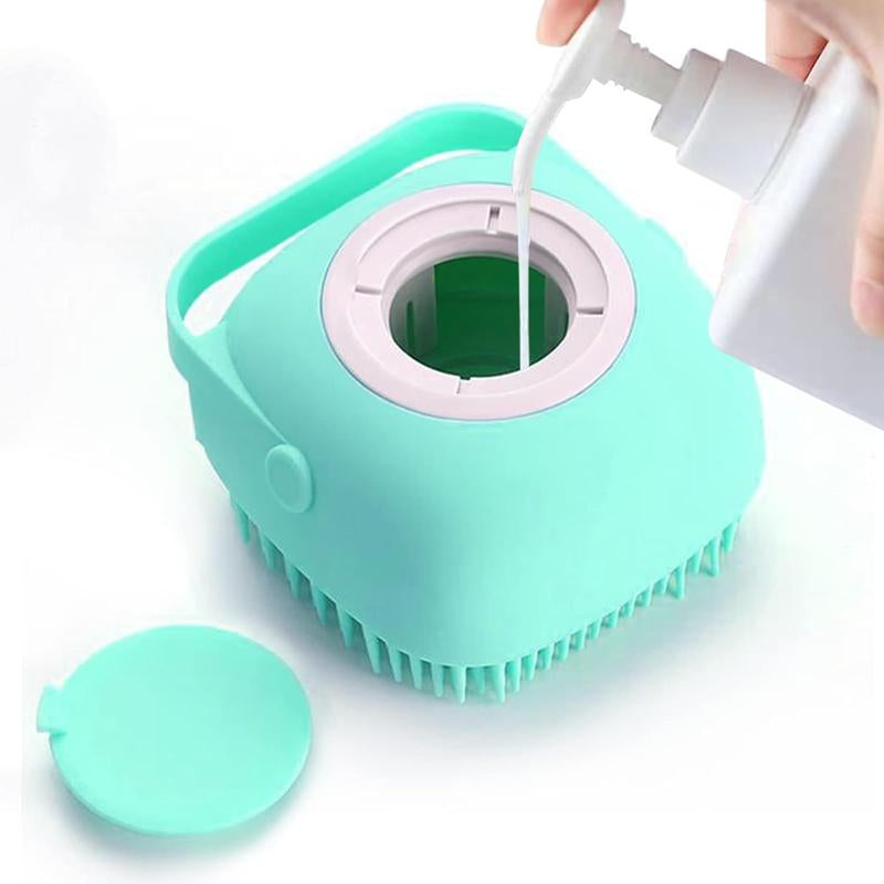 Pet Bath Scrubber Brush, Dog Grooming Massage Shampoo Bath Brush with Soap and Shampoo Dispenser Soft Silicone Bristle for Long Short Haired Dogs Cats Shower Silicon Emassage